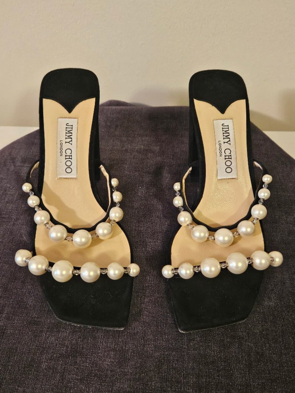 Jimmy Choo Amara 85mm Pearl Straps Suede Block Heels Mules EUC EU 38.5 US 8-8.5 - Picture 3 of 9